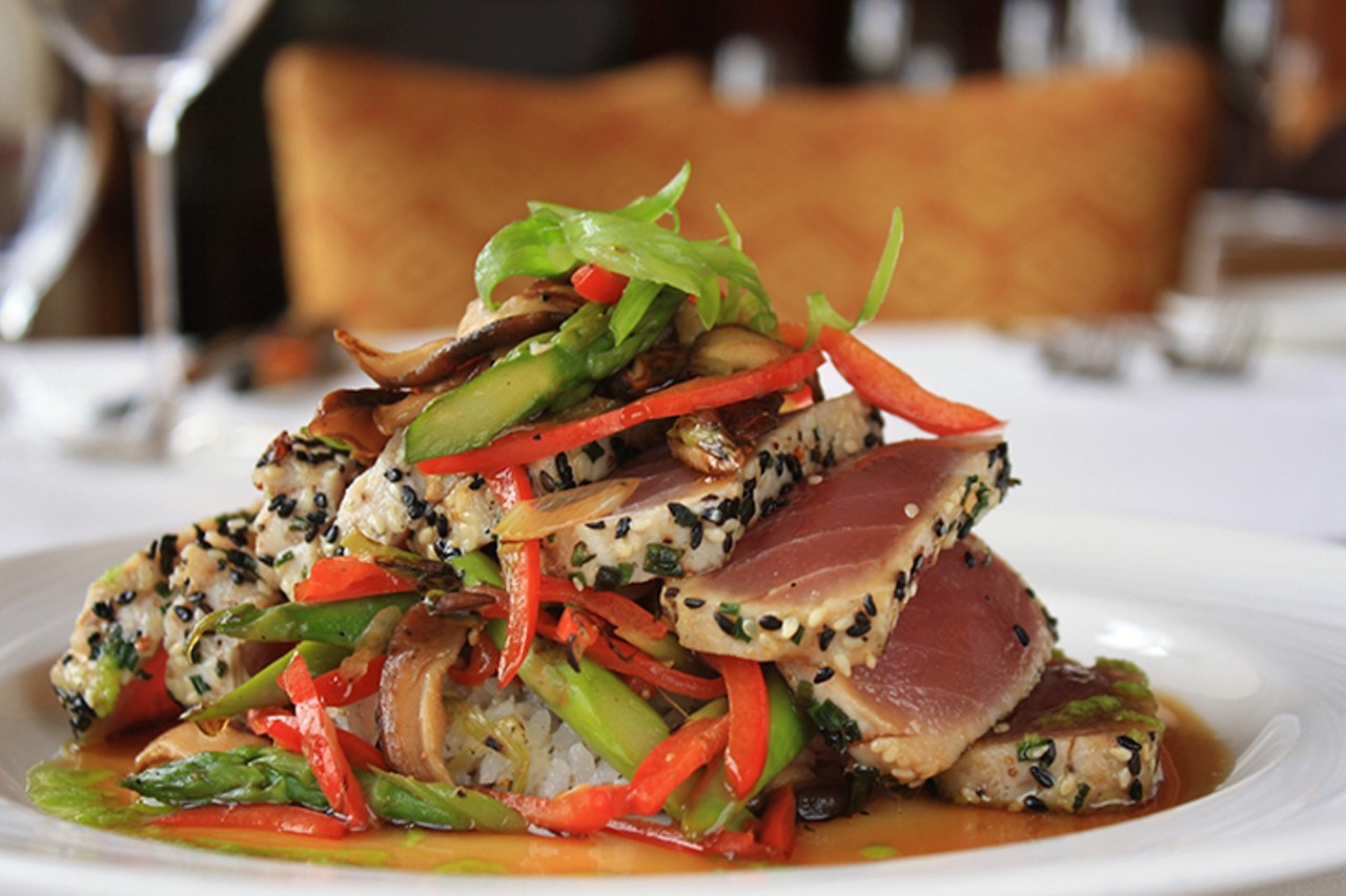 Eddie Merlot&#146;s
Yellowfin sesame tuna: wild-caught tuna, sesame seed-crusted and seared rare with Asian rice and saut&eacute;ed vegetables
Photo: Provided by Eddie Merlot&#146;s