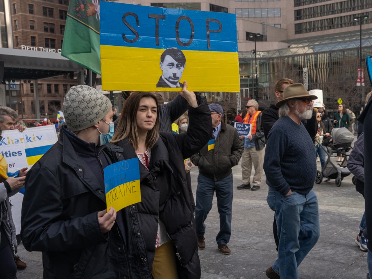 A March for Ukraine Gathered in Downtown Cincinnati Monday Afternoon