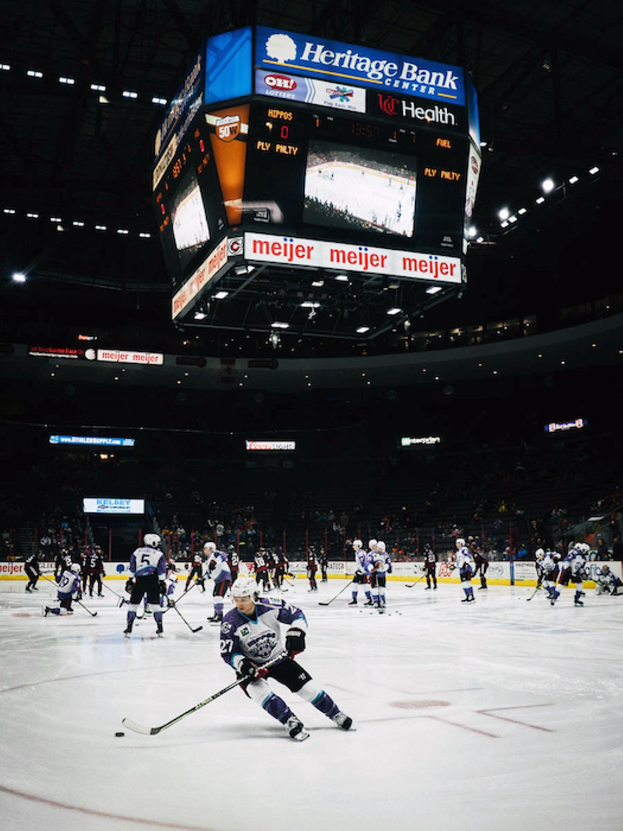 The Cincinnati Cyclones (or the Cincinnati Hippos for one night only) battle the Indianapolis Fuel at Heritage Bank Center on March 4, 2023.