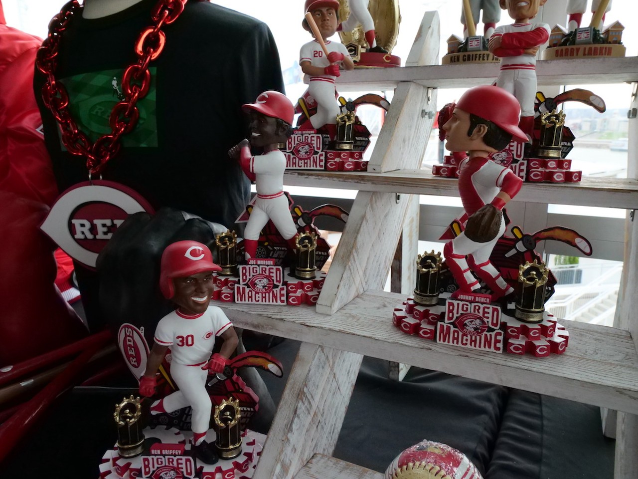 The Cincinnati Reds display Ken Griffey Jr. and Johnny Bench bobbleheads at Great American Ball Park on March 23, 2023.