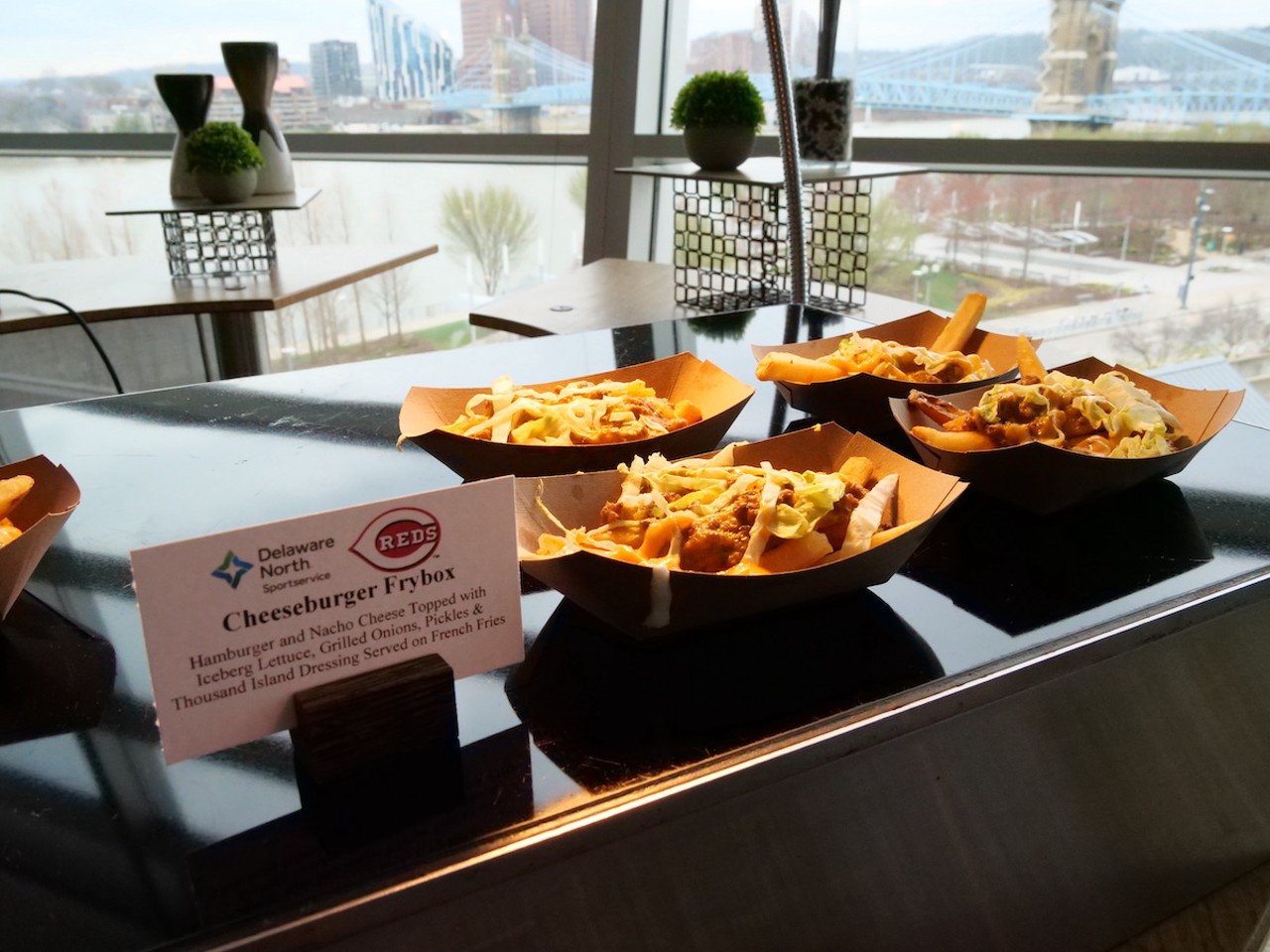 The Reds introduce new food options at Great American Ball Park on March 23, 2023, ahead of the Cincinnati Reds' 2023 season. A cheeseburger frybox is on the menu.