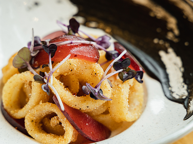 Cornmeal-crusted calamari with pickled plums and radish sprouts