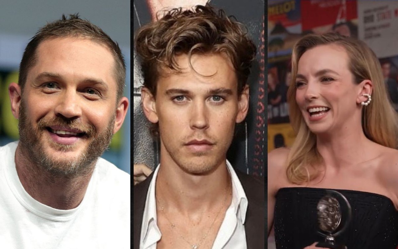 (L-R) Tom Hardy, Austin Butler and Jodie Comer star in The Bikeriders.