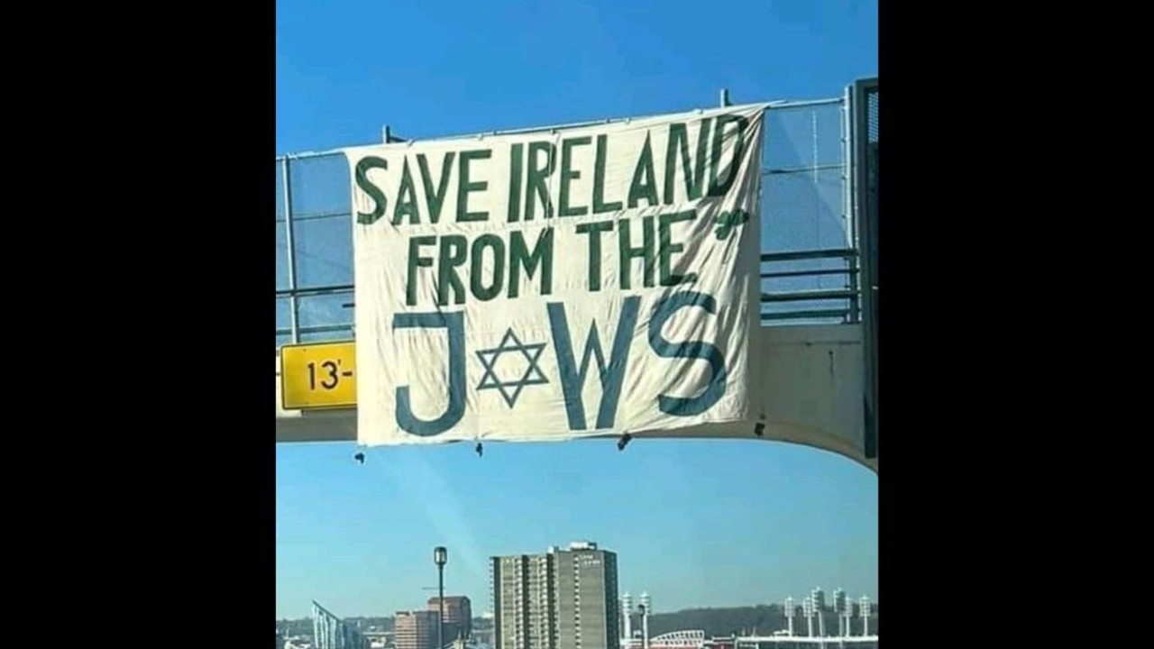 A large white cloth with the phrase "Save Ireland from the Jews" appeared draped from from a pedestrian bridge over Columbia Parkway sometime early in the day on March 16.