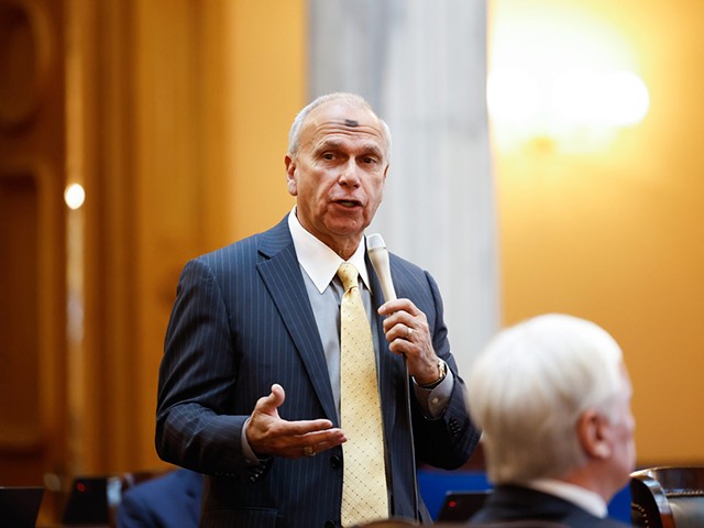 State Sen. Jerry Cirino, R-Kirtland, speaks in favor of SB21 during the Ohio Senate session, Ash Wednesday, February 22, 2023, at the Statehouse in Columbus, Ohio.