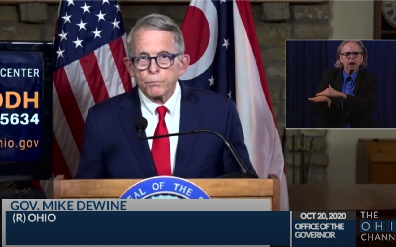 Ohio Gov. Mike DeWine is seen at a coronavirus press conference at his Cedarville home on Tuesday, Oct. 20, days after a Miami County man reported to police being recruited for a citizen's arrest plot against the governor at his home.