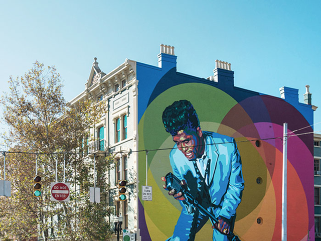 James Brown is immortalized in Jenny Ustick’s “Mr. Dynamite,” located at 1437 Main St.
